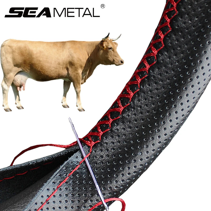 Genuine Leather Steering Wheel Cover with Needles and Thread DIY Braid Car Steering Wheel Cover For Diameter 37-38cm