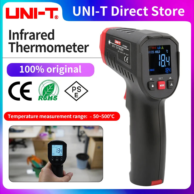 مقياس حرارة رقمي UNI-T UT306S UT306C، مقياس حرارة ليزر بالأشعة تحت الحمراء للاستخدام المنزلي والصناعي، بدون لمس، -50 درجة مئوية إلى 500 درجة مئوية