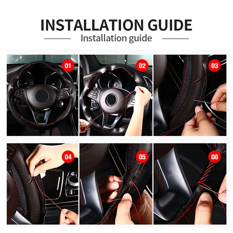 Genuine Leather Steering Wheel Cover with Needles and Thread DIY Braid Car Steering Wheel Cover For Diameter 37-38cm