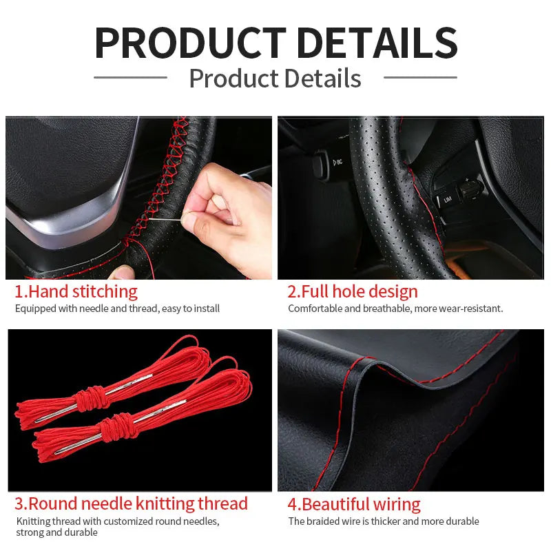 Genuine Leather Steering Wheel Cover with Needles and Thread DIY Braid Car Steering Wheel Cover For Diameter 37-38cm