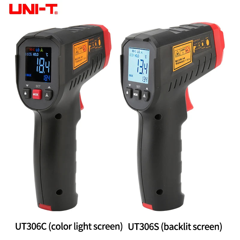 مقياس حرارة رقمي UNI-T UT306S UT306C، مقياس حرارة ليزر بالأشعة تحت الحمراء للاستخدام المنزلي والصناعي، بدون لمس، -50 درجة مئوية إلى 500 درجة مئوية