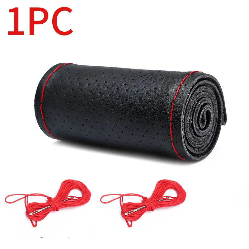 Genuine Leather Steering Wheel Cover with Needles and Thread DIY Braid Car Steering Wheel Cover For Diameter 37-38cm