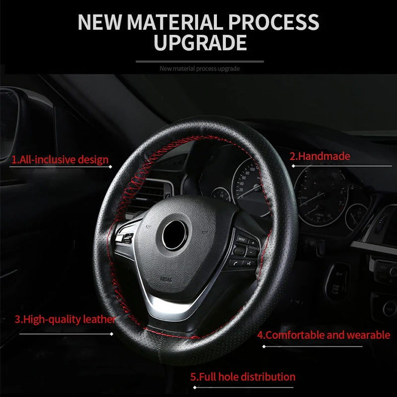 Genuine Leather Steering Wheel Cover with Needles and Thread DIY Braid Car Steering Wheel Cover For Diameter 37-38cm