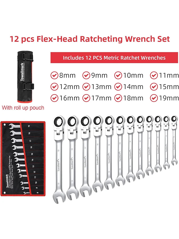 12-Piece Flex-Head Wrench Set, Ratcheting Combination Set, Metric 8-19mm, 72-Teeth,Cr-V Steel Ratchet Wrenches Set with Bag