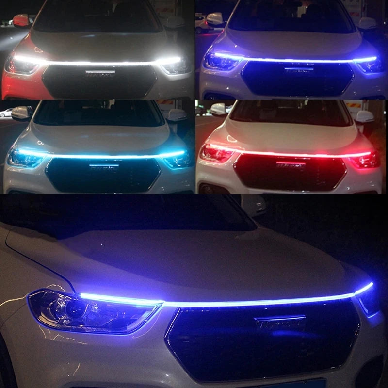 150 سم إضاءة نهارية LED ضوئية للمسح الضوئي عند تشغيل السيارة، مصابيح زخرفية لغطاء المحرك DRL، مصباح إرشادي زخرفي محيطي لغطاء محرك السيارة 12 فولت