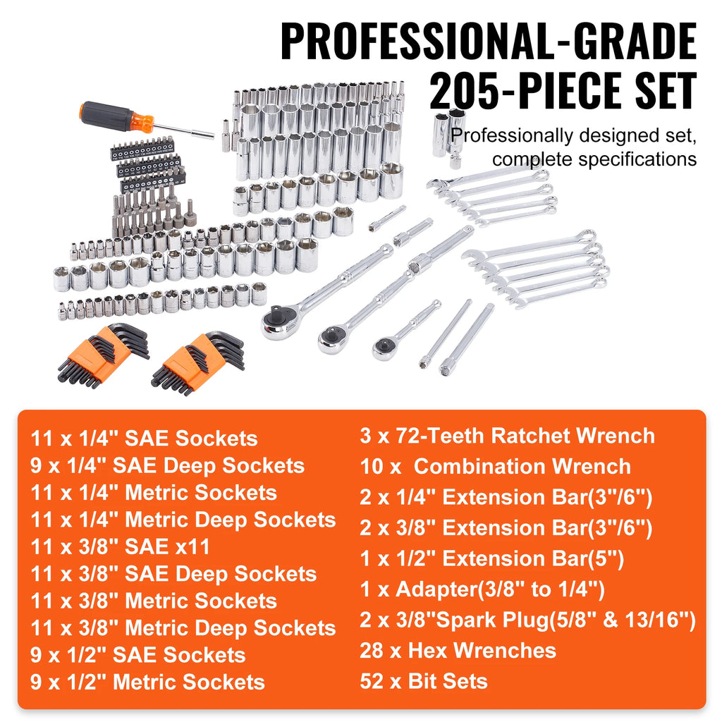 SucceBuy Mechanics Tool Set and Socket Set Deep and Standard Sockets 145/205 Pcs SAE and Metric Mechanic Tool Kit with Bits