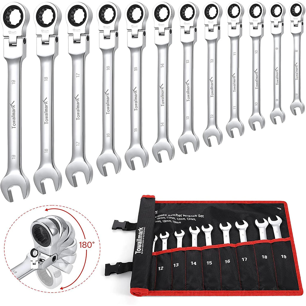 12-Piece Flex-Head Wrench Set, Ratcheting Combination Set, Metric 8-19mm, 72-Teeth,Cr-V Steel Ratchet Wrenches Set with Bag