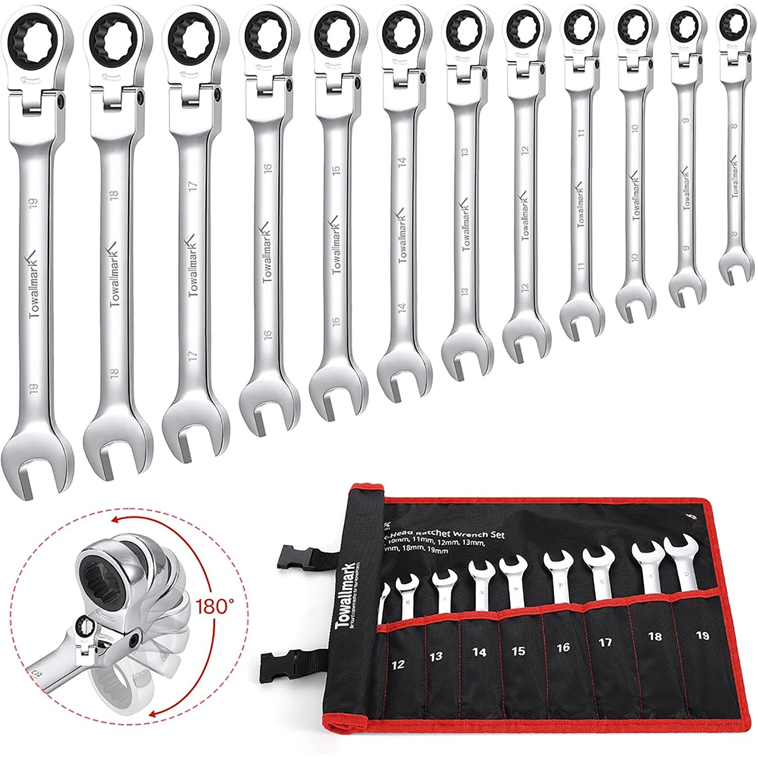 12-Piece Flex-Head Wrench Set, Ratcheting Combination Set, Metric 8-19mm, 72-Teeth,Cr-V Steel Ratchet Wrenches Set with Bag