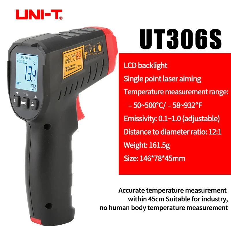 مقياس حرارة رقمي UNI-T UT306S UT306C، مقياس حرارة ليزر بالأشعة تحت الحمراء للاستخدام المنزلي والصناعي، بدون لمس، -50 درجة مئوية إلى 500 درجة مئوية