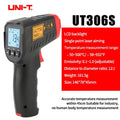 مقياس حرارة رقمي UNI-T UT306S UT306C، مقياس حرارة ليزر بالأشعة تحت الحمراء للاستخدام المنزلي والصناعي، بدون لمس، -50 درجة مئوية إلى 500 درجة مئوية