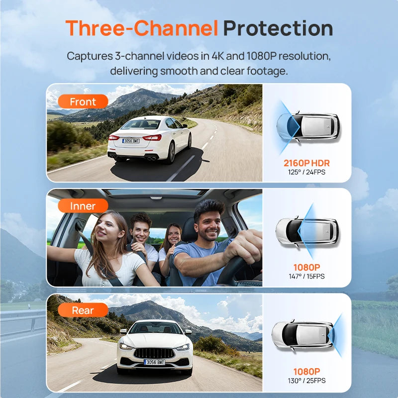 كاميرا داش 70mai t800e ثلاثية القنوات أمامية 4k + خلفية 1080p + داخلية 1080p HDR فائقة السعة GPS واي فاي 6 70mai t800e تحكم صوتي