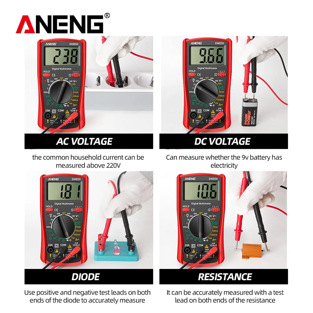 جهاز قياس رقمي ANENG DM850 متعدد المترات أوتوماتيكي احترافي 1999 عداد أوتوماتيكي للتيار المتردد/المستمر، جهاز اختبار الفولتية، أداة الكشف عن تيار الأمبير وأوم
