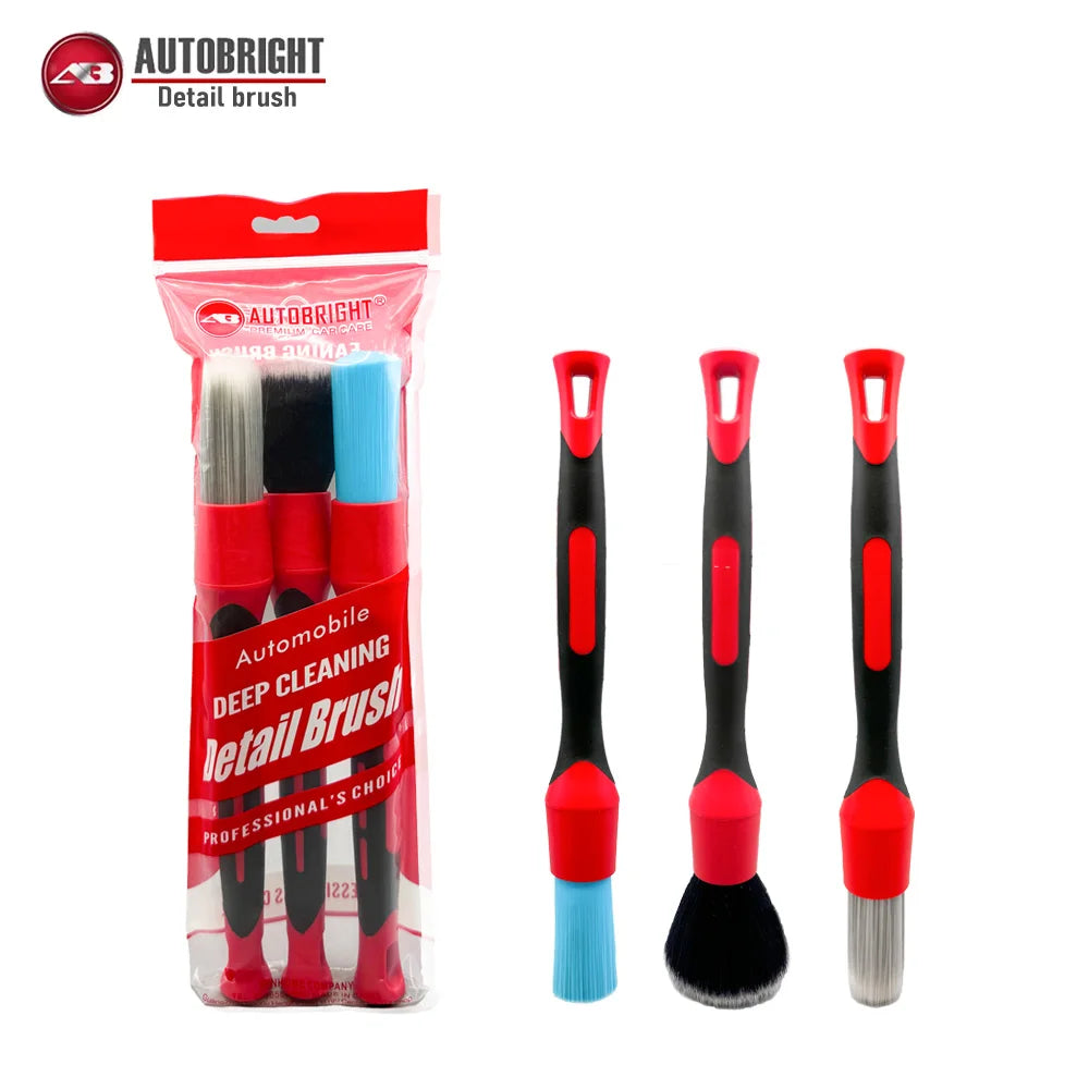 AUTOBRIGHT مجموعة فرش تنظيف السيارة الجديدة المكونة من 3 قطع لغسيل السيارات والإطارات والشقوق وفتحات التهوية وفرشاة ناعمة جدًا للتفاصيل الداخلية