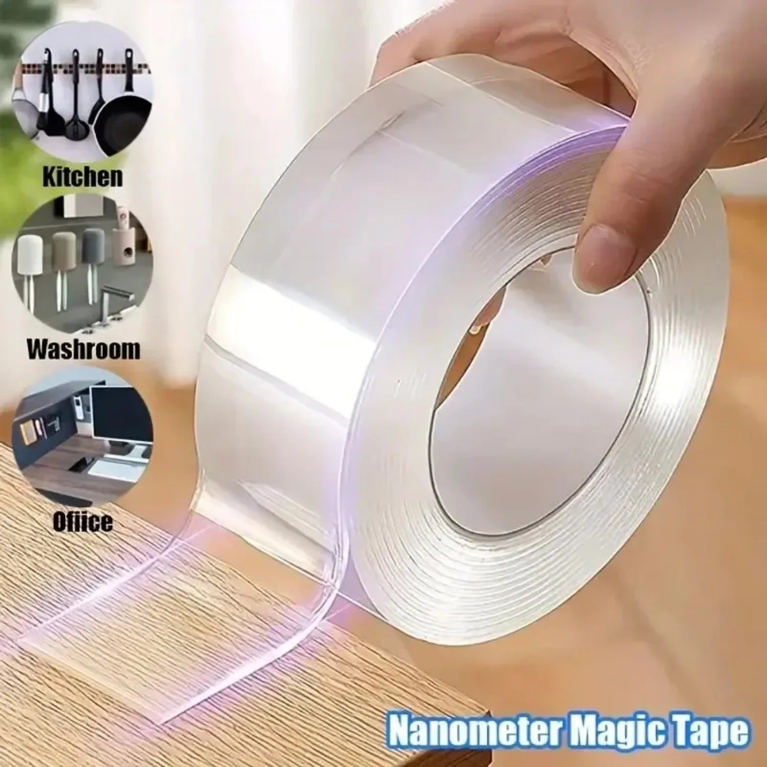 1 Roll Transparent Double Sided Nano Tape, Reusable Waterproof Wall Adhesive Strips, Heat Resistant for Home Improvement