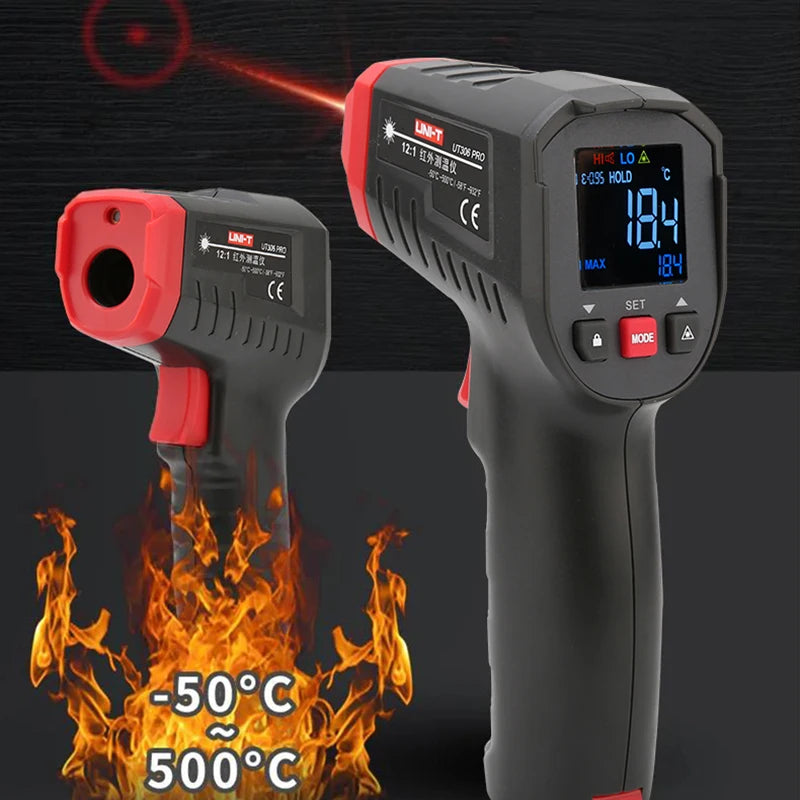 مقياس حرارة رقمي UNI-T UT306S UT306C، مقياس حرارة ليزر بالأشعة تحت الحمراء للاستخدام المنزلي والصناعي، بدون لمس، -50 درجة مئوية إلى 500 درجة مئوية