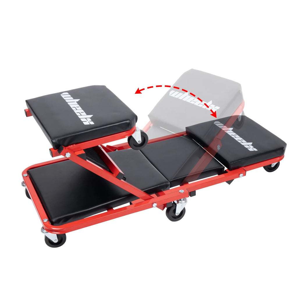 3-in-1 Rolling Mechanic Creeper Z Seat, Foldable Garage Chair Lay Down Sit Lean Back, Under Car Shop Auto Repair, Red Black