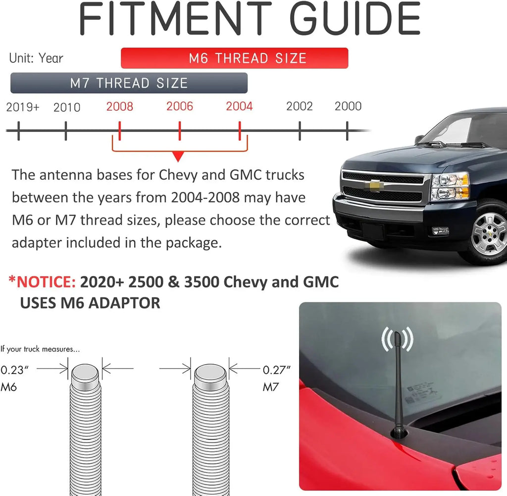 7inch Rubber Truck Antenna for 1998-2022 Chevrolet Silverado 1500 2500 3500 HD GMC Sierra 1500 2500 3500 Denali, FM/AM