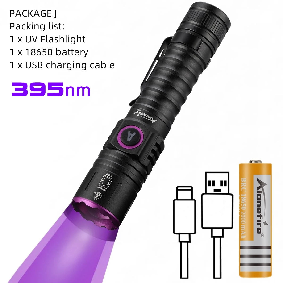 Zoom UV LED Flashlight 365 395nm Type-C Charging Invisible Ink Marker Cat Dog Urine Tinea Ore Money Scorpion Fluorescence Light