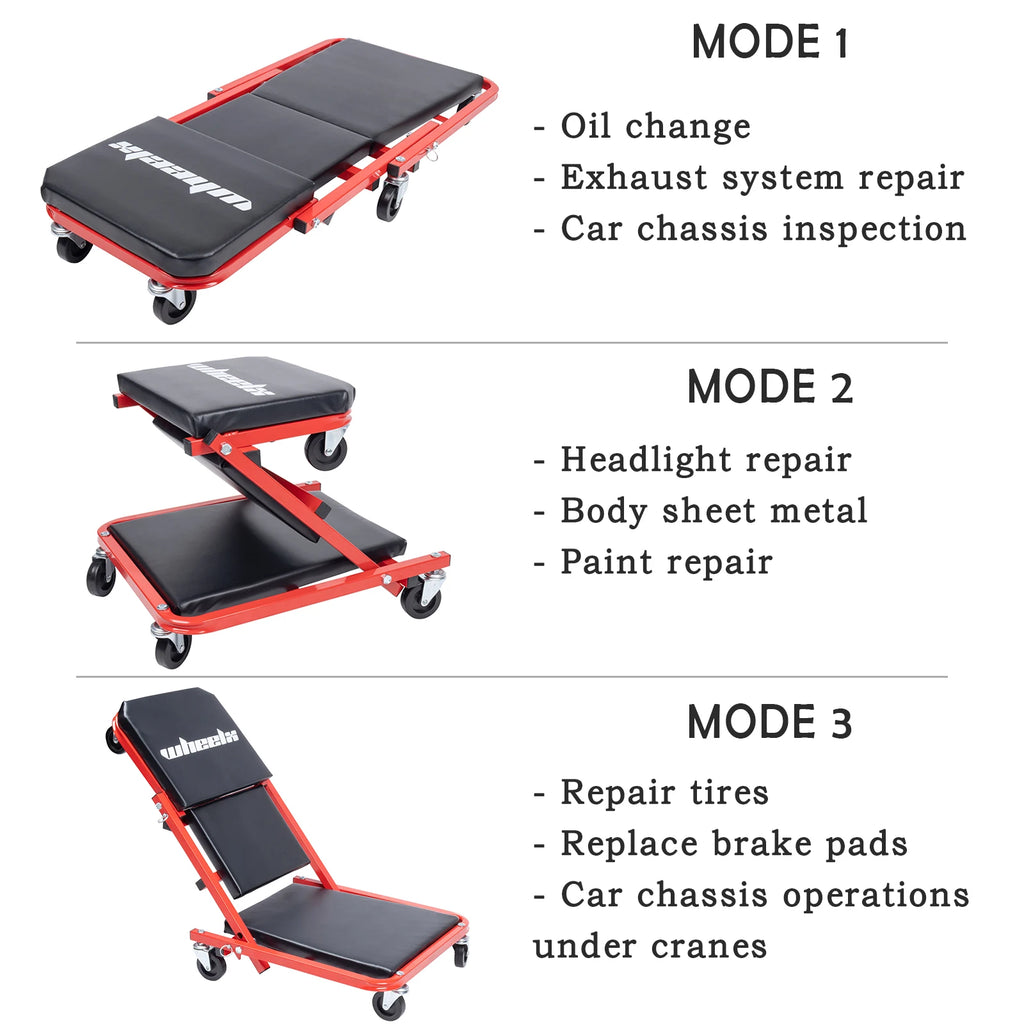 3-in-1 Rolling Mechanic Creeper Z Seat, Foldable Garage Chair Lay Down Sit Lean Back, Under Car Shop Auto Repair, Red Black