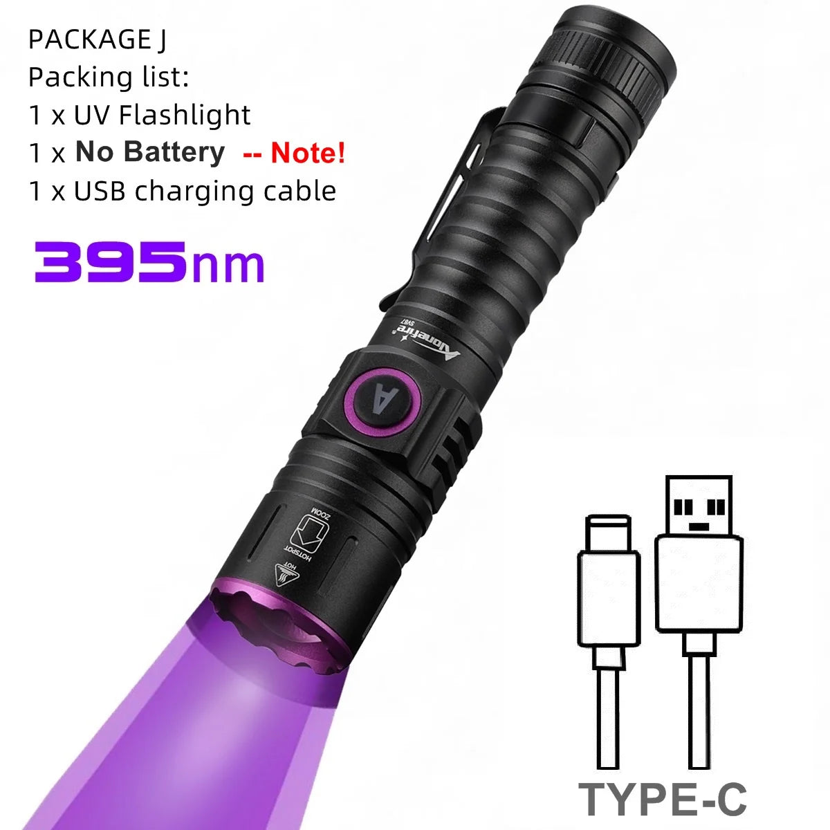 Zoom UV LED Flashlight 365 395nm Type-C Charging Invisible Ink Marker Cat Dog Urine Tinea Ore Money Scorpion Fluorescence Light