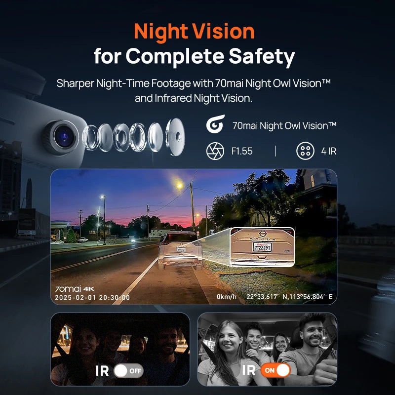 كاميرا داش 70mai t800e ثلاثية القنوات أمامية 4k + خلفية 1080p + داخلية 1080p HDR فائقة السعة GPS واي فاي 6 70mai t800e تحكم صوتي
