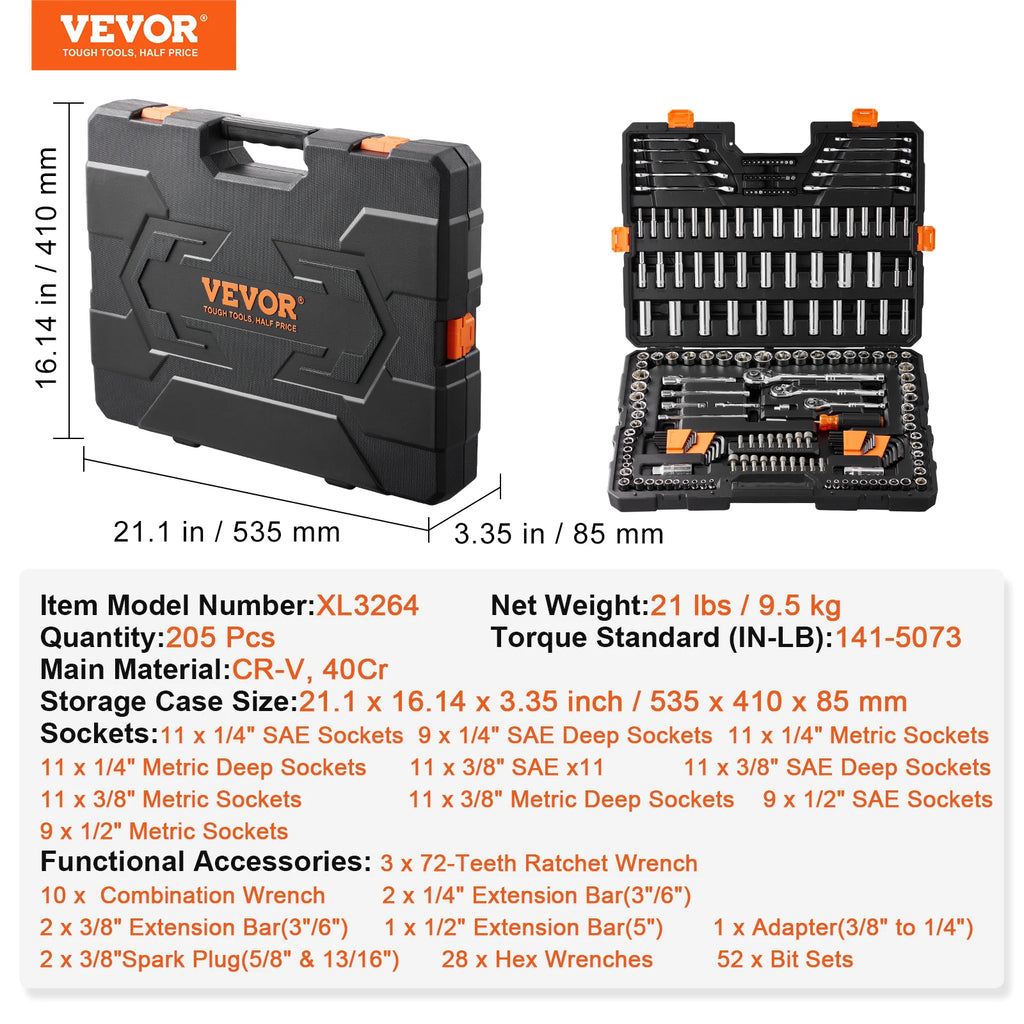 SucceBuy Mechanics Tool Set and Socket Set Deep and Standard Sockets 145/205 Pcs SAE and Metric Mechanic Tool Kit with Bits