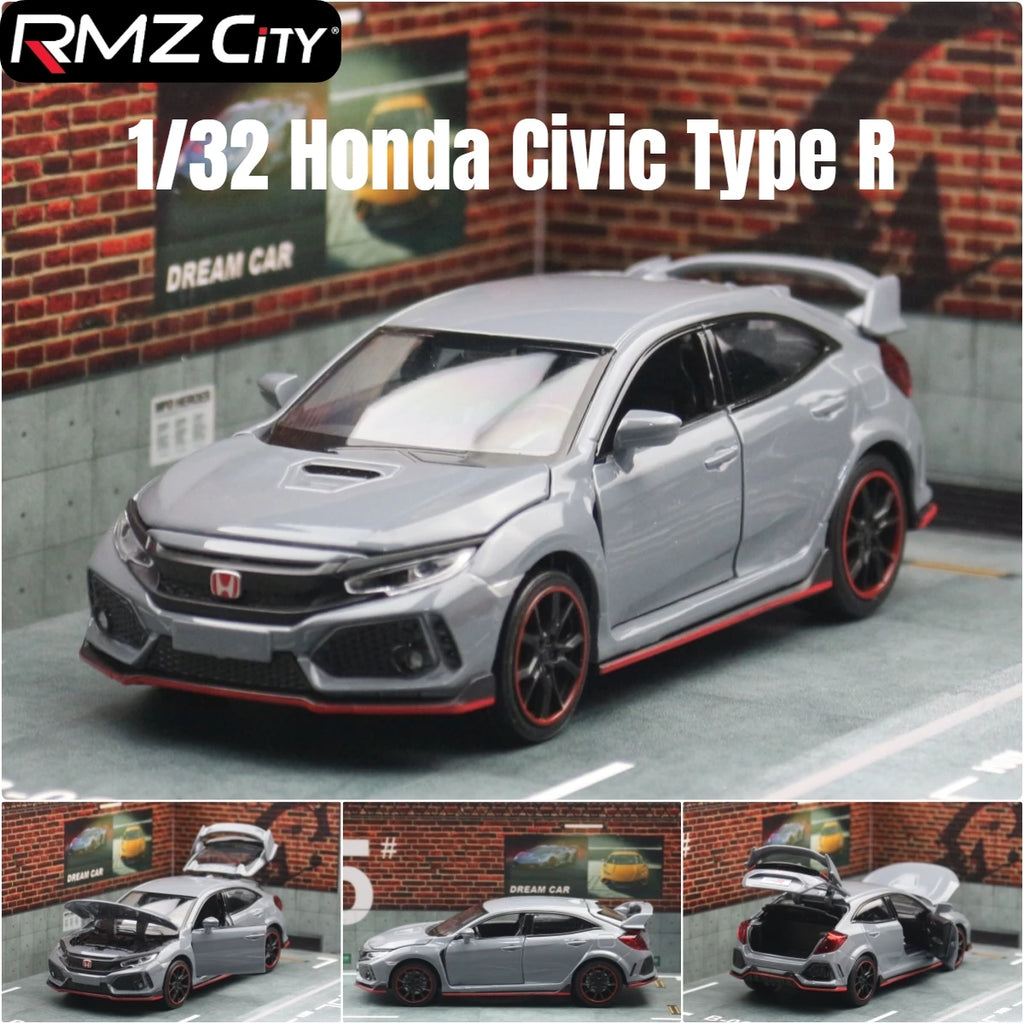 1/32 Honda Civic Type R Toy Car For Children Diecast Miniature Model Pull Back Doors Openable Sound Light Collection Gift Boys