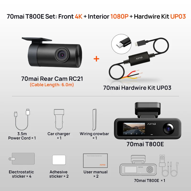 كاميرا داش 70mai t800e ثلاثية القنوات أمامية 4k + خلفية 1080p + داخلية 1080p HDR فائقة السعة GPS واي فاي 6 70mai t800e تحكم صوتي