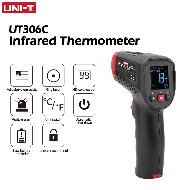 مقياس حرارة رقمي UNI-T UT306S UT306C، مقياس حرارة ليزر بالأشعة تحت الحمراء للاستخدام المنزلي والصناعي، بدون لمس، -50 درجة مئوية إلى 500 درجة مئوية